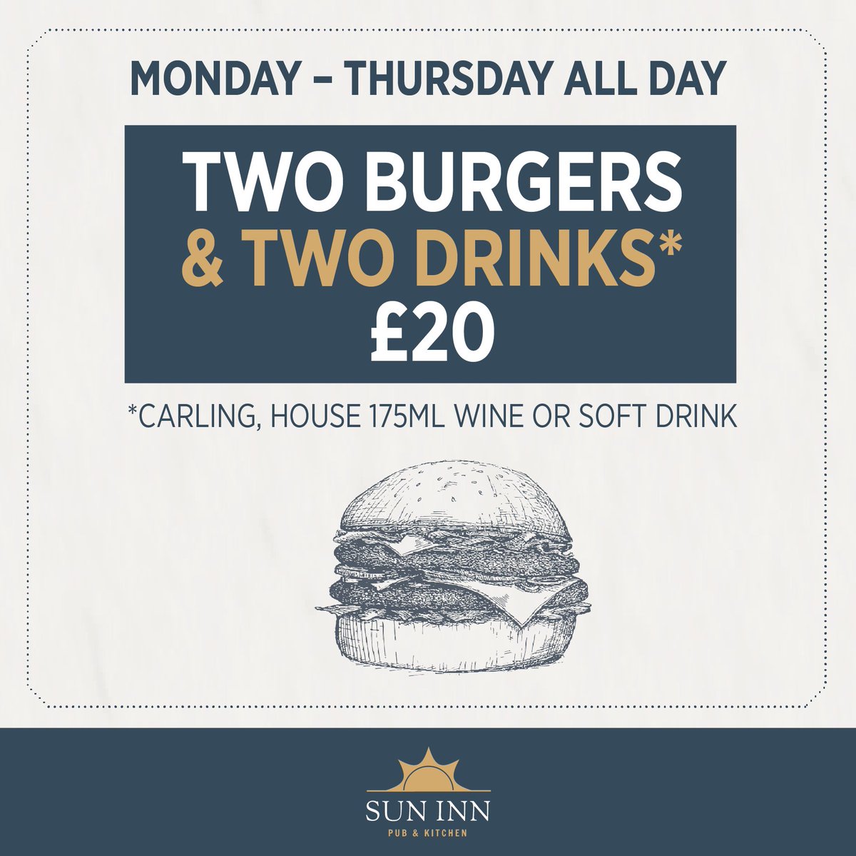 SunInnRetford's tweet photo. Two Burgers and Two Drinks  £20 Monday to Thursday   #Pizza #Retford #Gainsbrough #Newark https://t.co/KSBahQT7BE