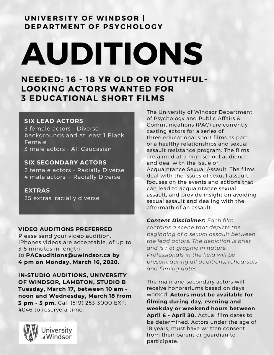 ACTORS NEEDED: We're looking for youth (16-18 years old) in #Windsor to act in 3 educational films used in the Flip the Script program! Submit a 3-5 min video by March 16 to apply.

#act #acting #youth #teenactors #movie #film #filmmaking #windsoressex #essexcounty