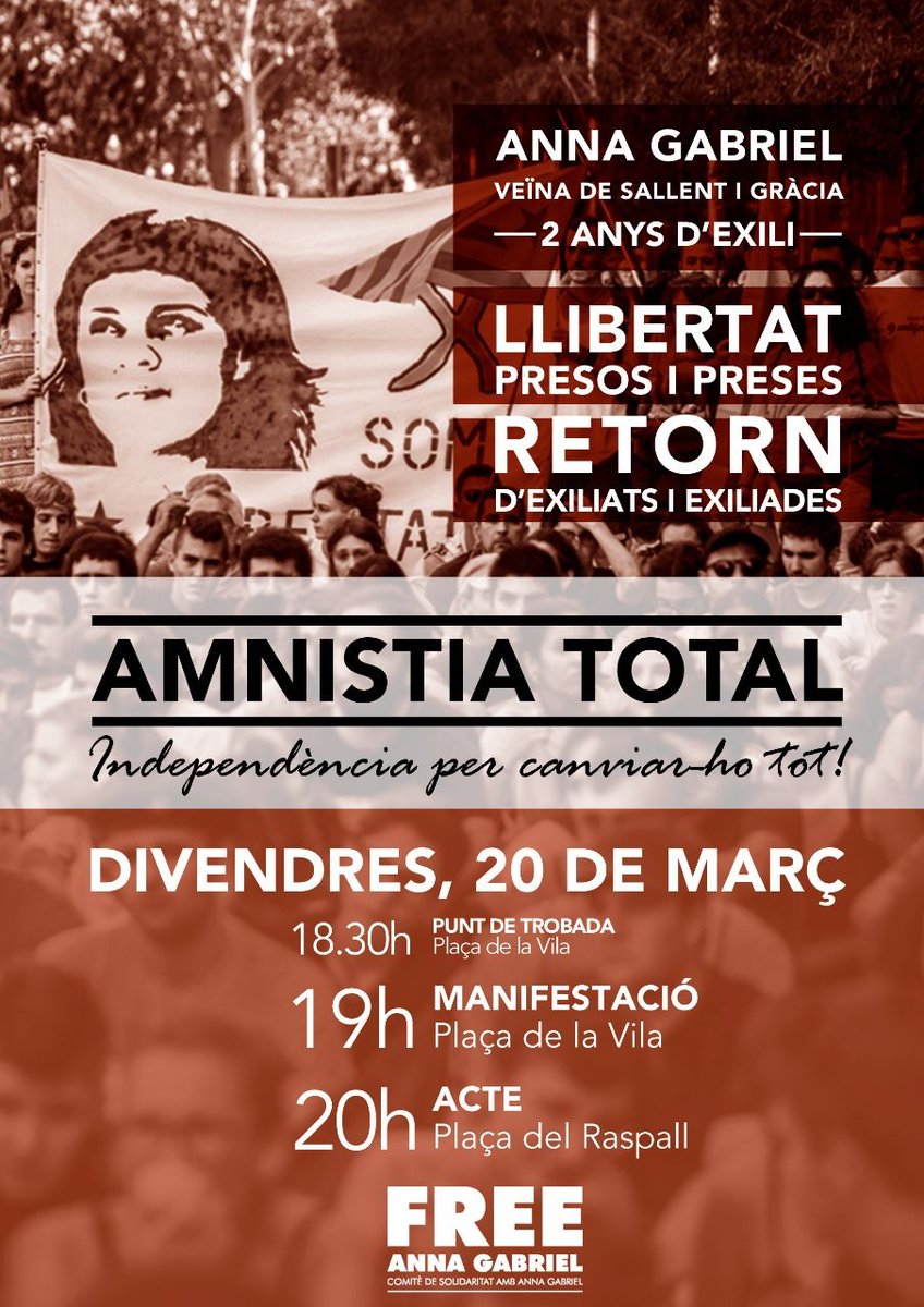freeannagabriel's tweet photo. La distància més curta entre dos punts és la solidaritat. Dos anys d'exili de l'Anna.
Exigim #AmnistiaTotal! 

🗓️ Divendres 20 de març manifestació i acte per la llibertat dels presos i preses polítiques i el retorn de les exiliades. Reserveu la data! 
#FreeAnnaGabriel ✊ https://t.co/1Q4GFOlHPX