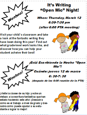 It’s Writing ✍️🎙️ “Open Mic” Night!  Join us on Thursday, March 12th at 6:30 following  our  6:00  <a href="/LockheedElemPTA/">Lockheed Elem PTA</a>  meeting and music concert!
