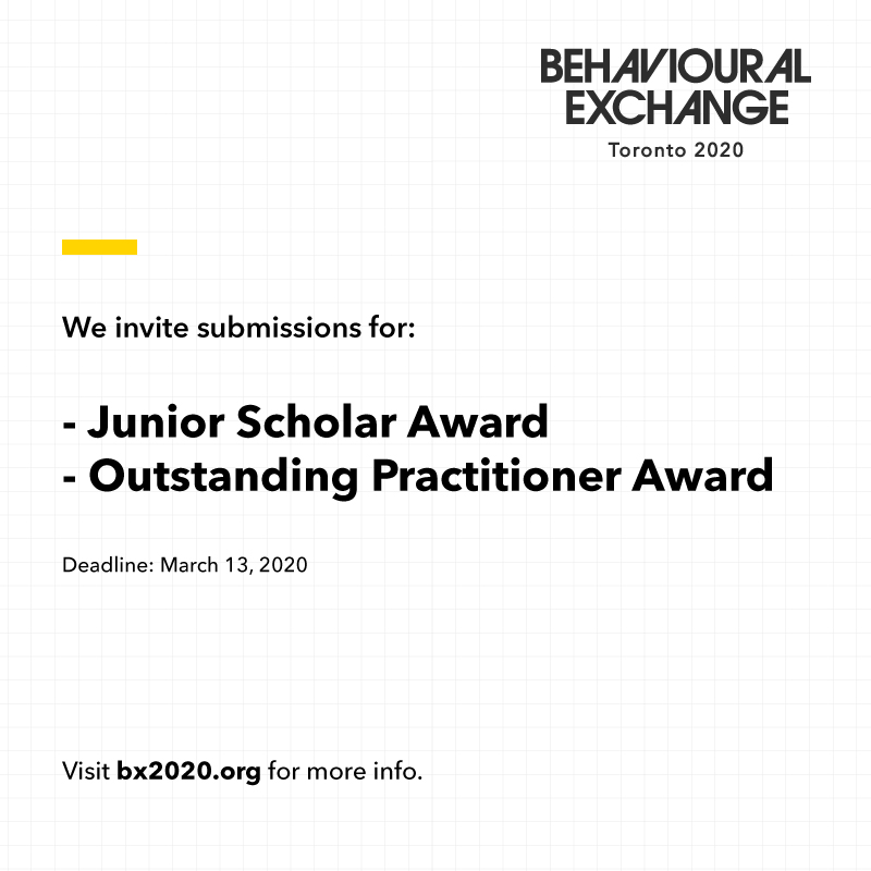 Are you dedicated to improving policy through BI or might know a colleague who is passionate about applying behavioural science in policy, business or in general? 
#BX2020 Award submissions for Junior Scholar and Outstanding Practitioner are open! See bx2020.org/award