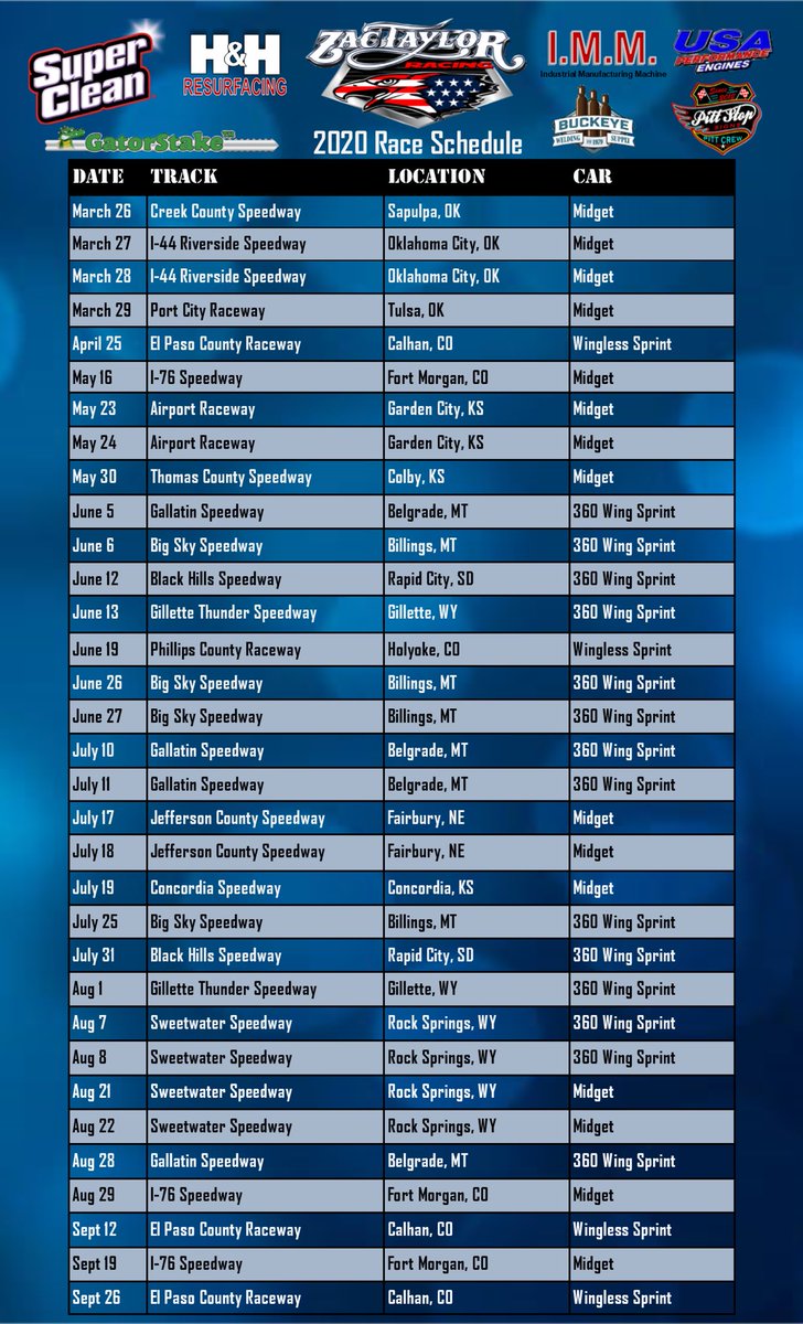 Zac86Taylor's tweet photo. Here’s the race schedule for 2020! 
#ZacTaylorRacing #SuperCleanTeam
@SuperCleanTeam 
@vahlcowheels 
@SmithTitanium 
@POWRi_Racing 
@_TeamILP 
@LucasOilASCS https://t.co/tthbvKw9r6