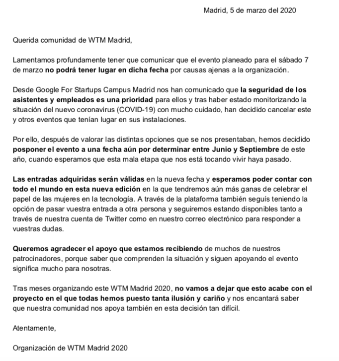 WTMMadrid's tweet photo. ⚠️ Acabamos de comunicar a nuestros patrocinadores,  ponentes, asistentes, el correo más duro que como organizadoras nos ha tocado escribir. Aquí lo adjuntamos:

URGENTE: Aplazamiento de #WTMMADRID2020 https://t.co/0ISpYBHUL1