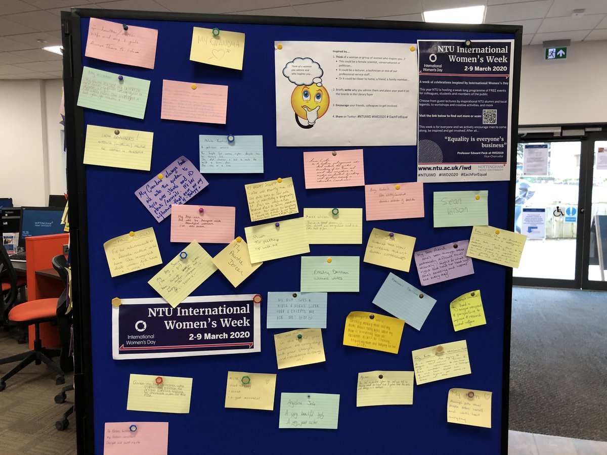 DrSBroadberry's tweet photo. A busy day for International Women's Week @NTU_ARES! The boards are filling up with lots of appreciation, all inspiring individuals in many ways - from the Queen, Lecturers, Scientists to Marge Simpson! #NTUIWD #IWD2020 #EachForEqual @TrentUni @brackstudents #AthenaSWAN https://t.co/HMLGLi8Qpr