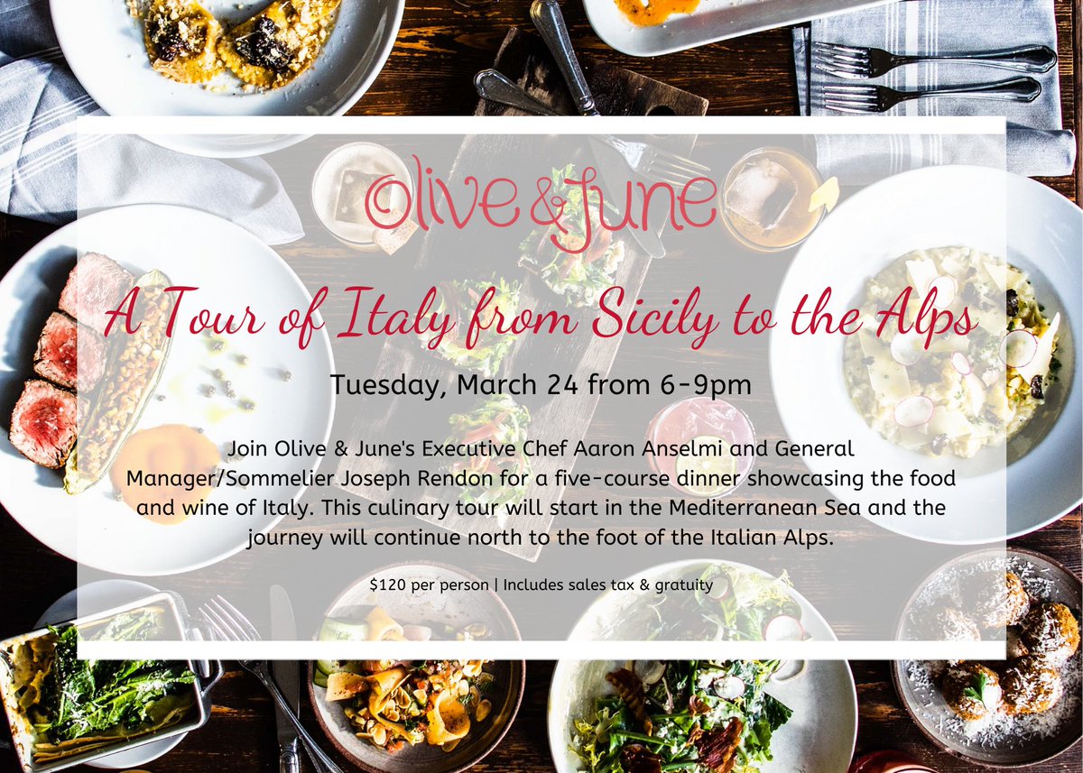 Join us this month on Tuesday, March 24 for a very special 5-course dinner showcasing the food and wine of Italy. This culinary tour will start in the Mediterranean Sea and the journey will continue north to the foot of the Italian Alps.