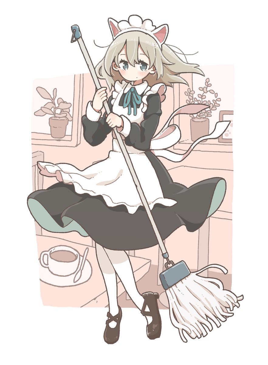 1girl maid solo apron animal ears cup maid headdress  illustration images