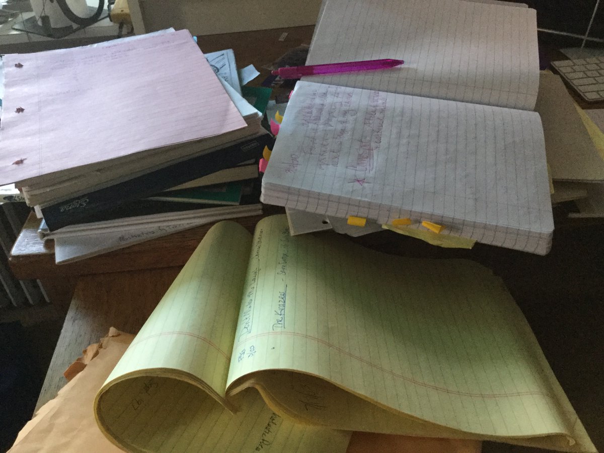 Part of yesterday's self-care included some studio clean up. I've had a bunch of old notebooks piling up. I found a mentor text title for a current wip PB and a new idea for a PB tucked inside these old notes. Winner!

#studiocleanup #oldnotebooks #selfcare