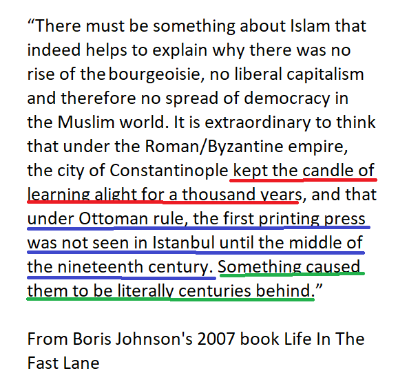 2007, and Boris Johnson is attacking Islamic, Turkish and Arabic culture again. The Arabic world gave us the numerals we use, algebra, soap, kerosene, syringes, universities, surgery, hospitals, coffee and the toothbrush.