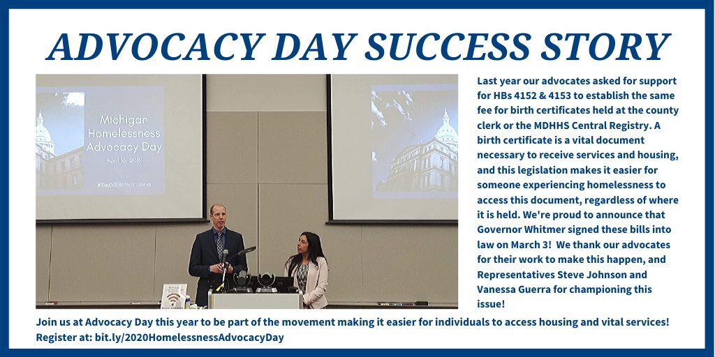 mihomeless's tweet image. TY Reps Johnson and Guerra for sponsoring #mileg that makes it easier for individuals experiencing #homelessness to access birth certificates!

There's still time to register for Homelessness Advocacy Day before registration closes on Friday, March 6: bit.ly/2020Homelessne…