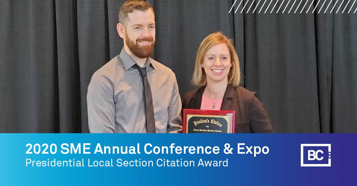 brwncald's tweet image. Congrats to BC’s Josh Ekhoff and @MidasIdaho&apos;s Shelley Bennett for leading their @smecommunity Boise Section to a Presidential Local Section Citation Award! bit.ly/2Ys1gDa #MineXchange2020  #TeamBC #miningmatters