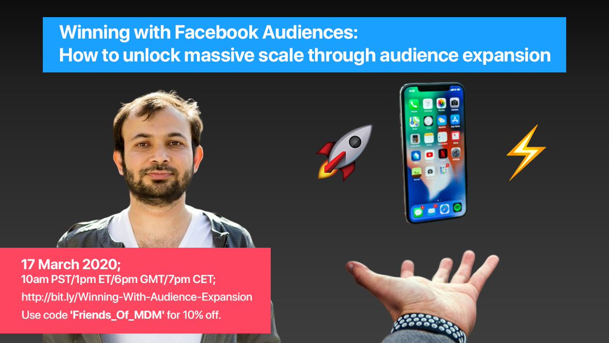I'm teaching a class for <a href="/MobileDevMemo/">Mobile Dev Memo</a> academy(via <a href="/eric_seufert/">Eric Seufert</a>) on scaling FB UA via audiences: bit.ly/Winning-With-A… (Get 10% off with code: Friends_Of_MDM) 🚀

Excited to distill my best learnings from 8 figures in UA spend &amp; 3 exits over 10 years(cc <a href="/RocketShip_HQ/">RocketShip HQ</a>).