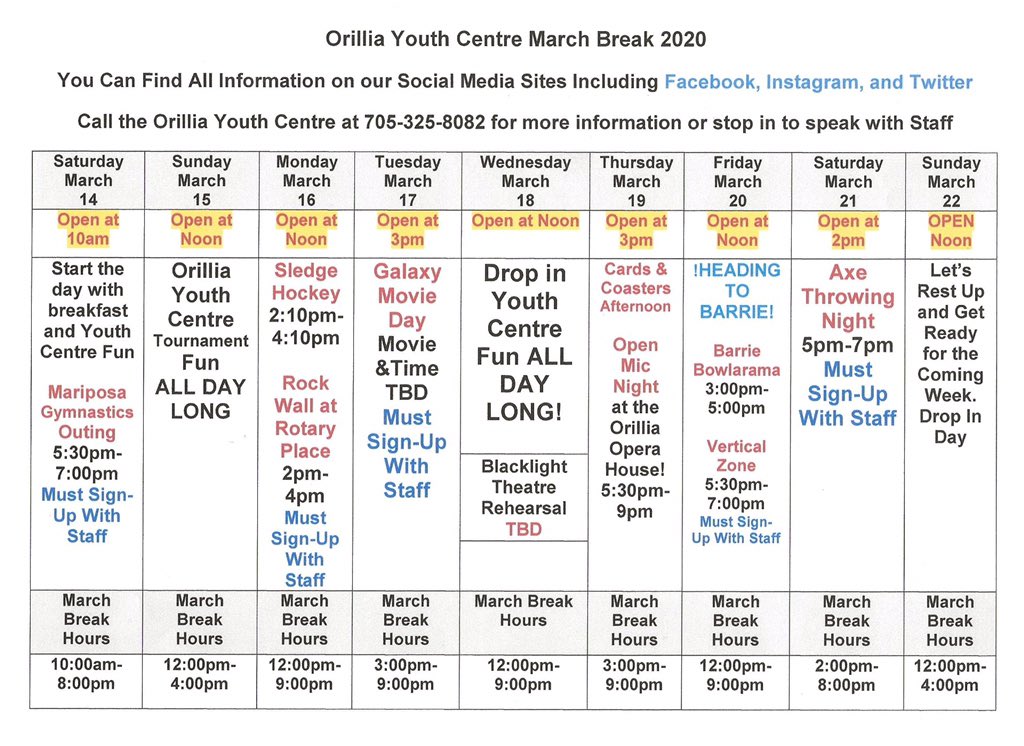 Really excited to share our March Break with you. A reminder ALL SIGN UPS take place at the Youth Centre! (sign ups starting this weekend) A couple of extra items might still be added. #orillia #youth #orilliayouthcentre #march #marchbreak