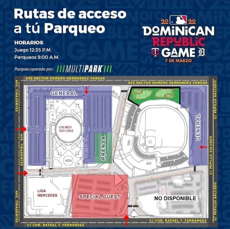 Junior2Martinez's tweet photo. Atención 🚨!! 👇👇
Así será la distribución y los accesos al parqueo del @StadioQuisqueya para el partido @twinsbeisbol vs @tigers @mlb
gracias a nuestros amigos de #Multipark !! https://t.co/GT2jSoQ75R