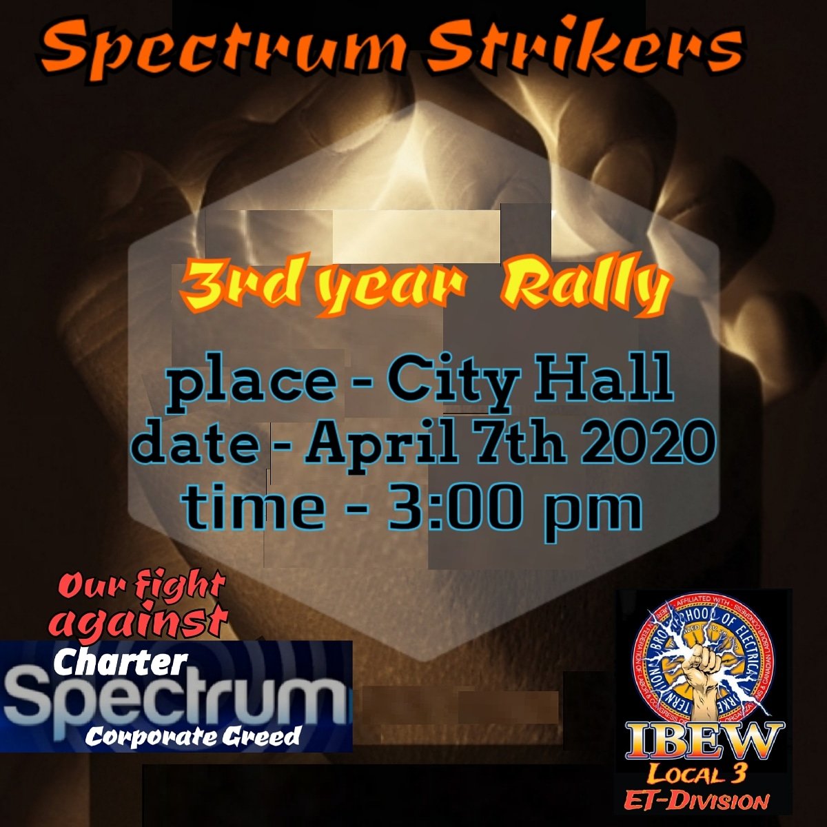 Saoco_Films's tweet photo. #SpectrumStrike 3 year Rally April 7th, 3pm City Hall Come  #SupportLocal3 on our fight against #CharterCommunications
@nycDSA @NYCCouncil @NYCComptroller @Troy57457172 @fasulo_chris @NYGovCuomo @ABrindisiNY @CountMeInNYC @CentralLaborNYC @AFLCIO @FranciscoMoyaNY @UCOMMBlog https://t.co/LIFV462IbQ
