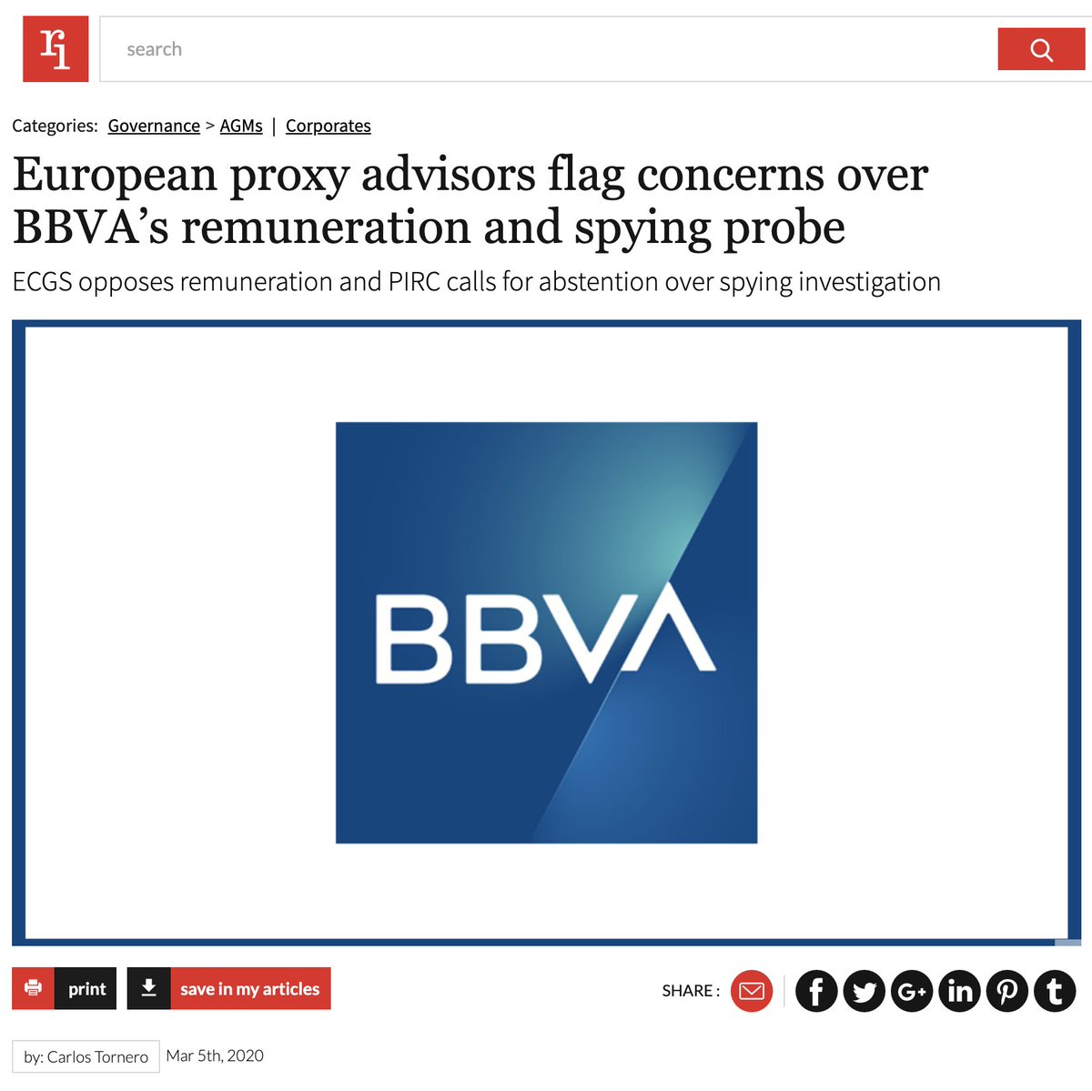 <a href="/BBVA/">BBVA</a> AGM: #Villarejo casts long shadow as <a href="/PIRC_news/">PIRC</a> recommends investors abstention on board discharge. Remuneration of exec &amp; indie NEDs flagged up by <a href="/ECGSproxy/">ECGS</a> <a href="/CorporanceInfo/">CORPORANCE</a>. <a href="/issesg/">ISS ESG</a> &amp; <a href="/GlassLewis/">Glass, Lewis & Co.</a> "for" not without comments. Read via <a href="/RI_News_Alert/">Responsible Investor</a> responsible-investor.com/articles/europ…