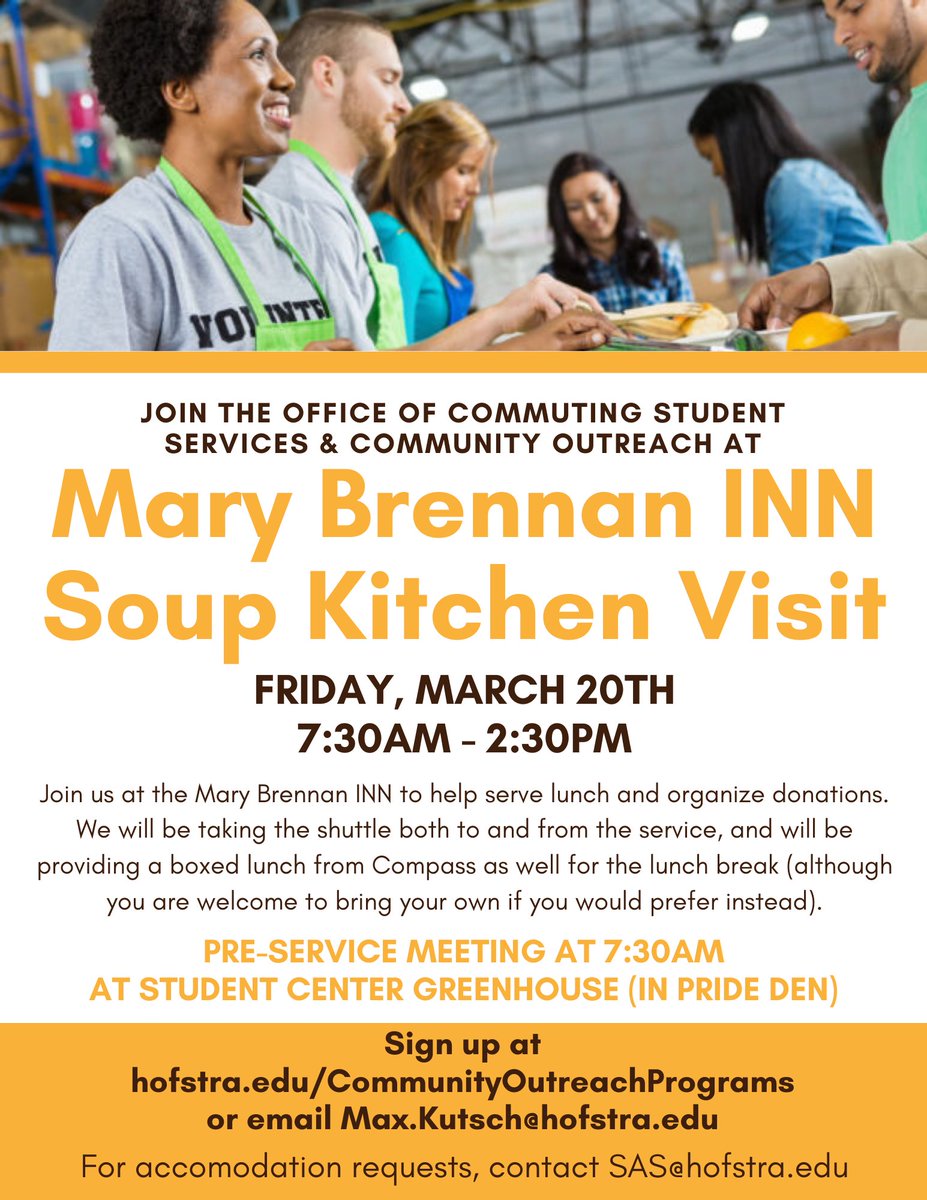 HofstraCommuter's tweet photo. We still have spots available for our Mary Brennan INN trip on March 20th! This is a really fun and rewarding event, and we would love to have you join us! Transportation and lunch will be provided #huworldchanger
Sign up at https://t.co/OnnAB2md4n https://t.co/3i29fjGKoC