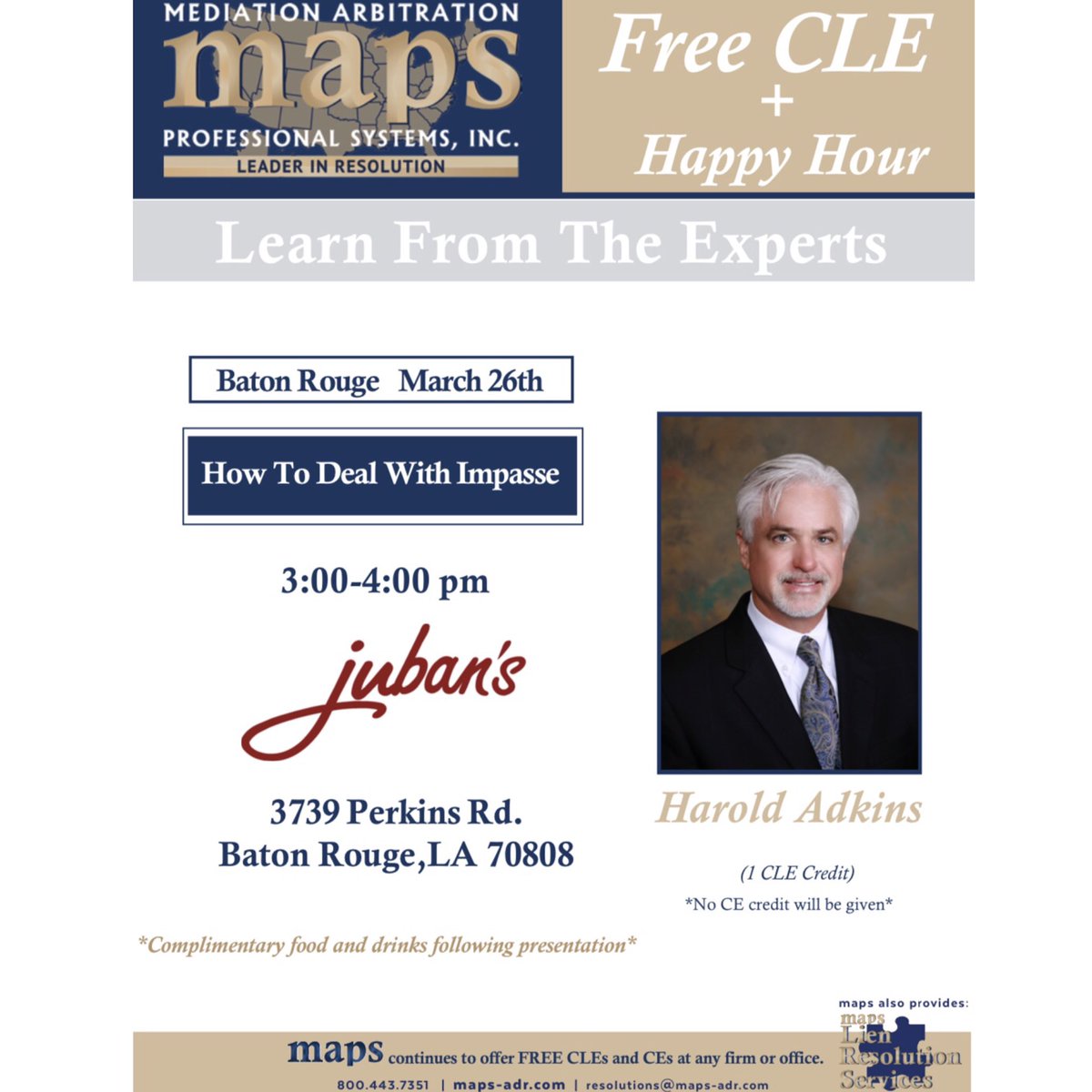 mapsMediation's tweet photo. Join us Thursday, March 26th at Juban's Creole Restaurant &amp; Caterer for our Happy Hour CLE! Enjoy 2 free drinks and learn from the experts!
#learningcanbefun #CLE #mediation #mapsmediation https://t.co/25moUdvZqV