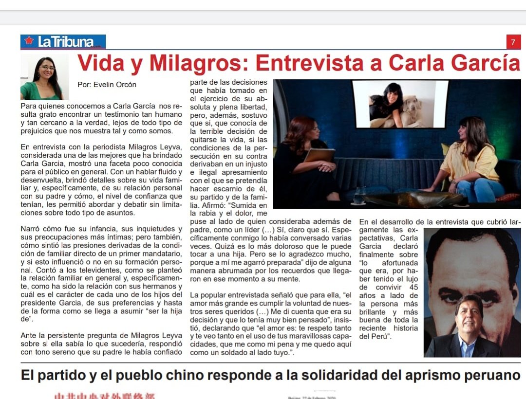 apralatribuna's tweet photo. 📌Artículo de @evelinorcon para @apralatribuna sobre la entrevista de @MilagrosLeivaG a Carla García @esquinabaja https://t.co/3moyrfuSSZ