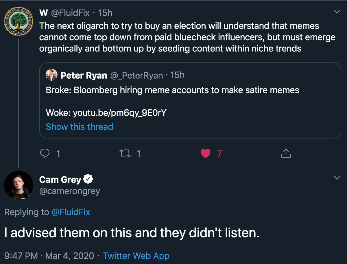  $I actually did advise them on how to be successful with memes and they chose not to listen to us  https://twitter.com/FluidFix/status/1235395972764594176?s=20 @FluidFix