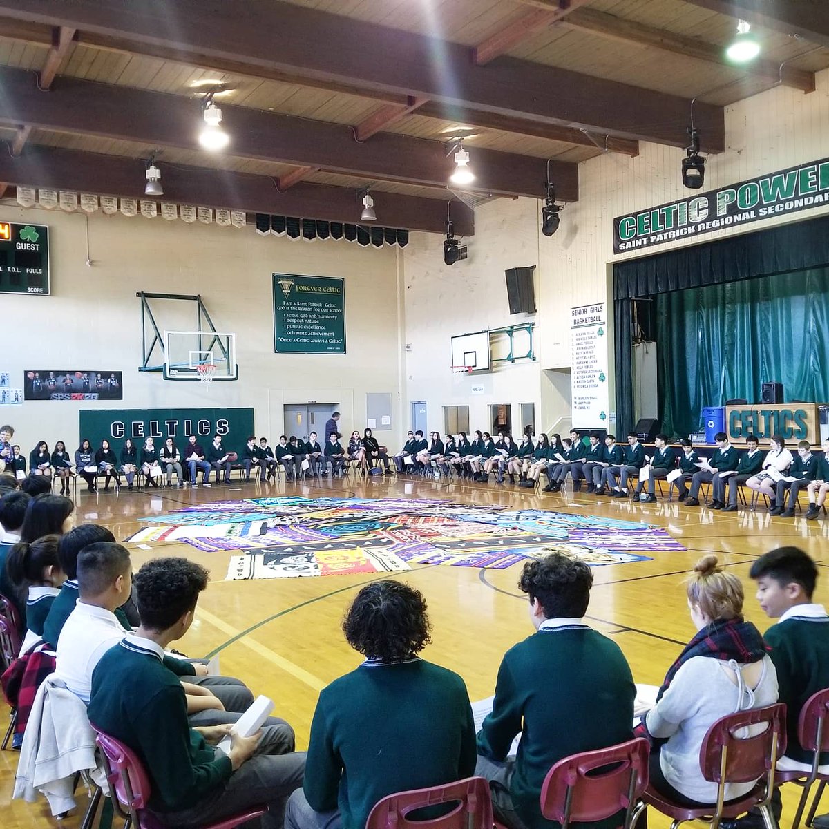 stpatsceltics's tweet photo. Kairos Blanket Exercises for Gr 8 and new students. Mrs. Anne Wicks with her sister Melaney and their team, educated our newest students on Canadian history as it pertains to The First Peoples. #stpatsceltics #stplearns #blanketexercises #musqueamnation
#CISVA https://t.co/DcOlCu38gV