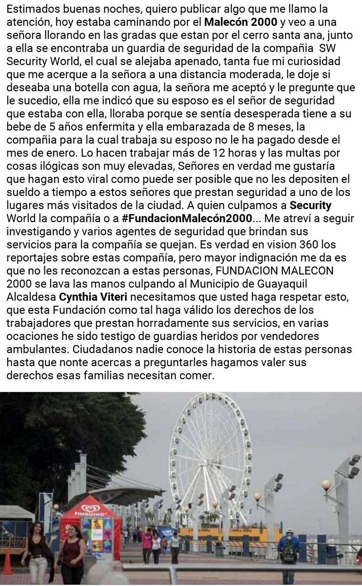 Seg_Vig_Ecu's tweet photo. Por favor tener encuenta esta situación que se esta presentando el #Malecon2000 con el personal de  Seguridad Privada. 
#DenunciaCiudadana #SecurityWorld  @CynthiaViteri6 @GoberdelGuayas https://t.co/7gNvH5xD9f