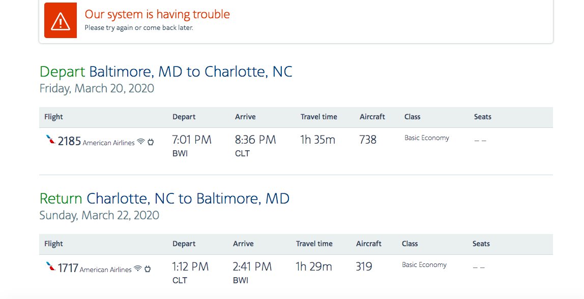 annmarierules's tweet photo. @AmericanAir Whats up with this error message I've gotten 4 times when I try to purchase these tickets? I will be very troubled if the price goes up by the time you fix the error. Thanks. https://t.co/fUFFmRMPjU