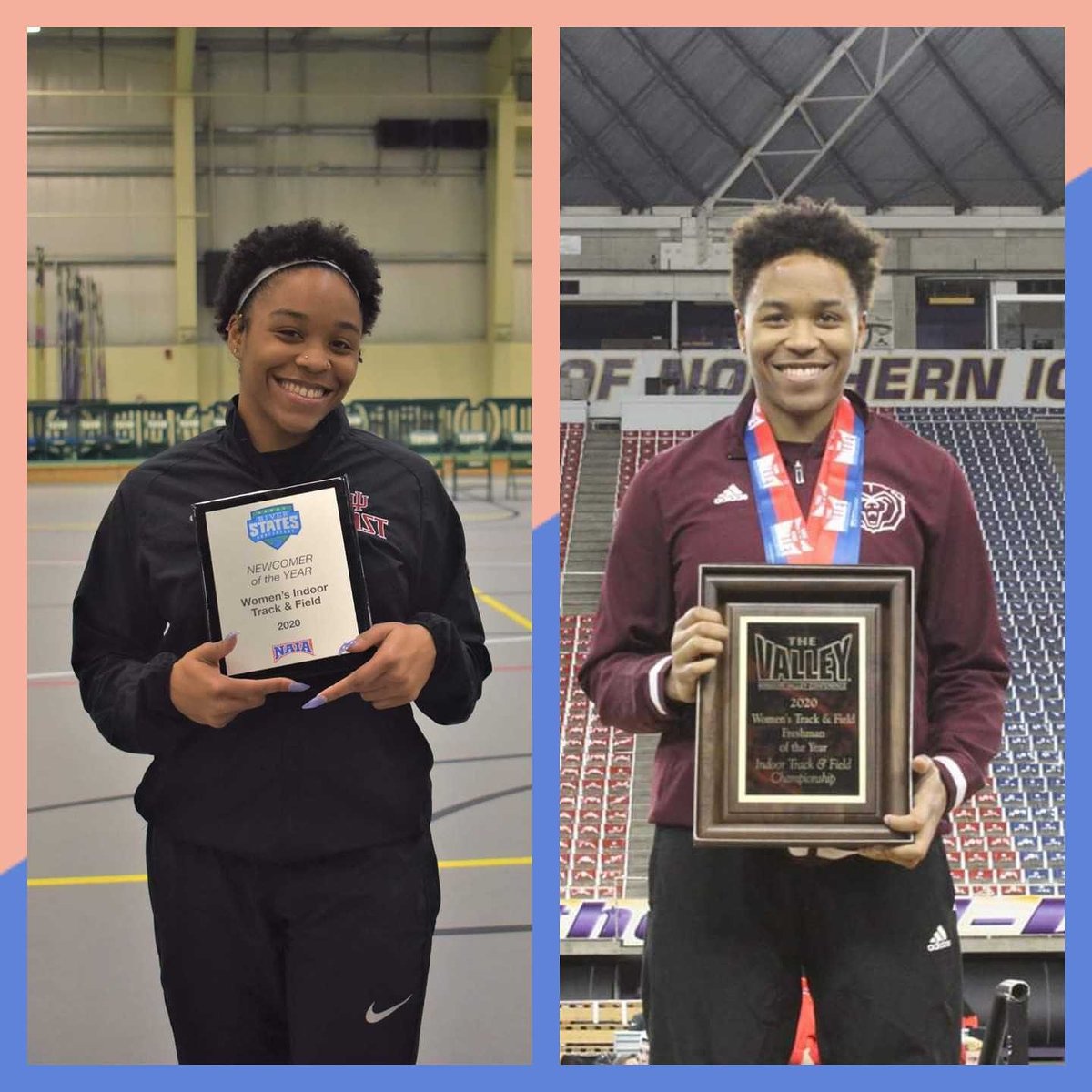 OndreaLDavis's tweet photo. So proud of my twinnies! Both were named 2020 Freshman of the Year in their conferences &amp; broke into the record books/make history at their schools.  I'm looking forward to watching them continue to do amazing things! #MSUTF #BearUp #IUETF #GoRedWolves #ThankYouJesus #ProudMom https://t.co/Bu2hu8CfZk