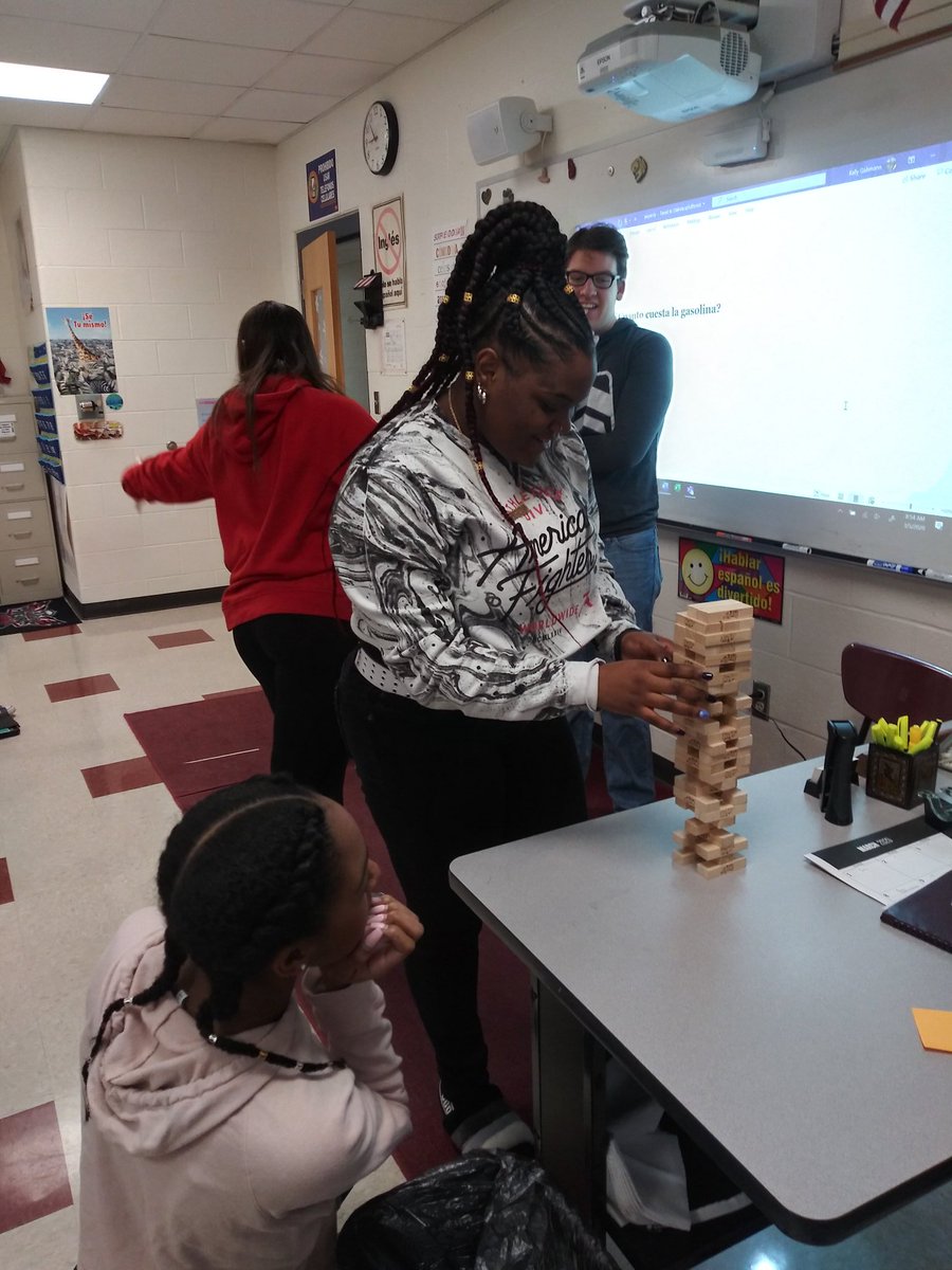 SraGohmann's tweet photo. Jenga Jeopardy to practice interrogatives in Spanish 4! #Wearepersonalized #westpride #WEareLakota #Welovespanishatwest https://t.co/rh6YClwjpo