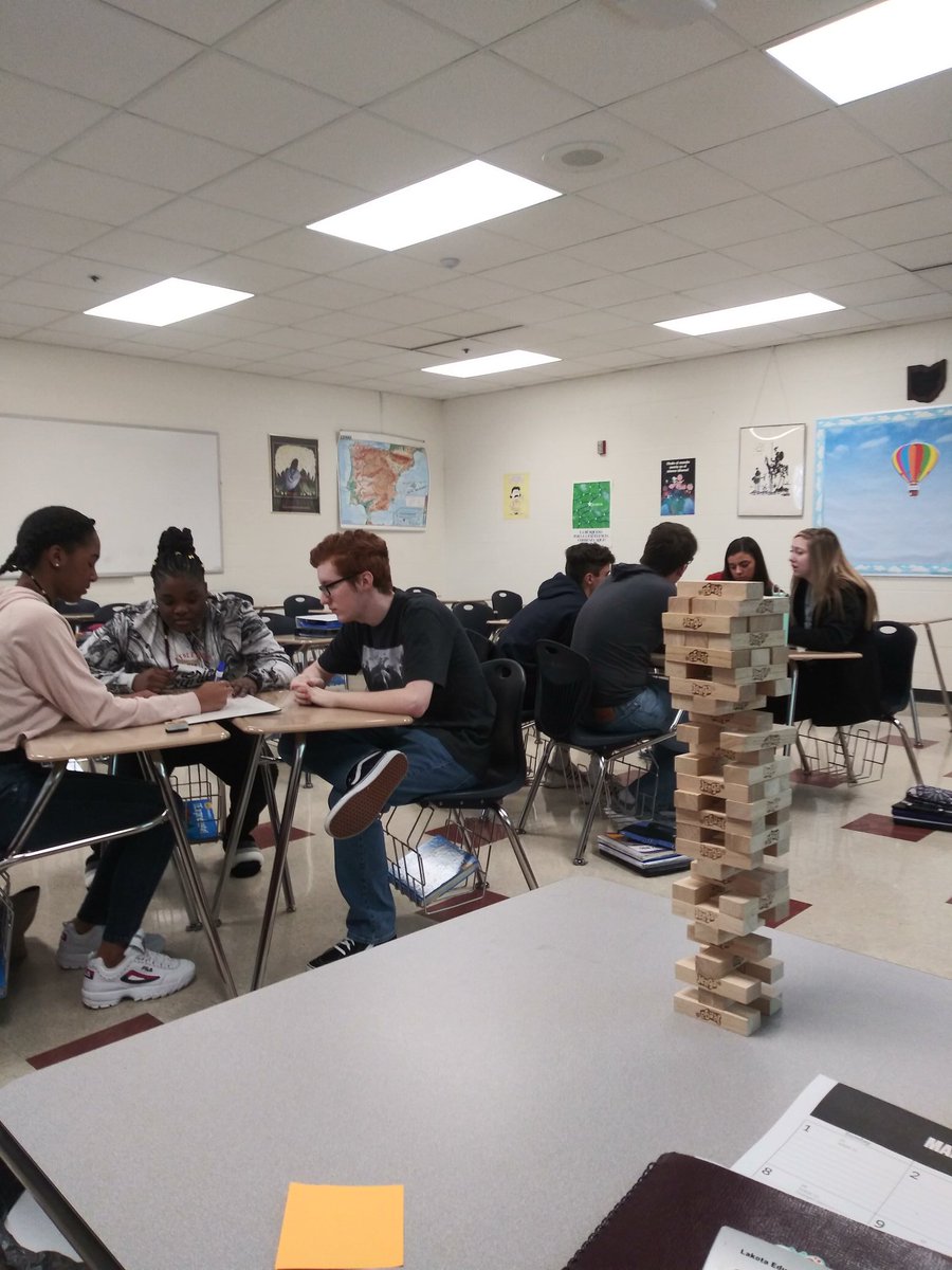 SraGohmann's tweet photo. Jenga Jeopardy to practice interrogatives in Spanish 4! #Wearepersonalized #westpride #WEareLakota #Welovespanishatwest https://t.co/rh6YClwjpo