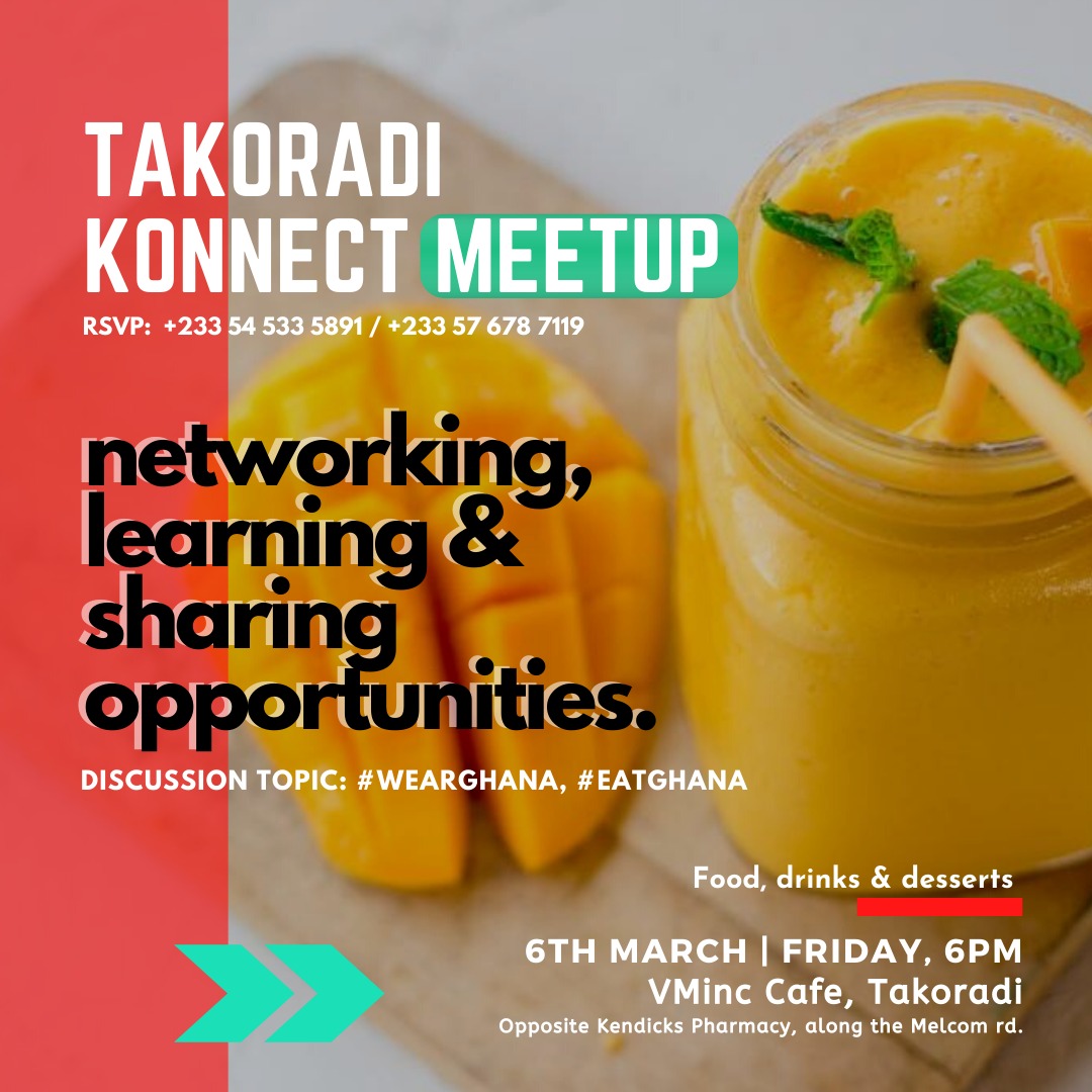 Ghanathink's tweet photo. Join us for the #TakoradiKonnect Meetup | Friday March 6 at 6 PM | #VMinc Cafe, #Takoradi | cc @BarCampTakoradi
We're partnering with #VMincCafe, they have great smoothies, pastries, etc!
https://t.co/qV2wn2JQmO https://t.co/FTY1ZWAKJ3