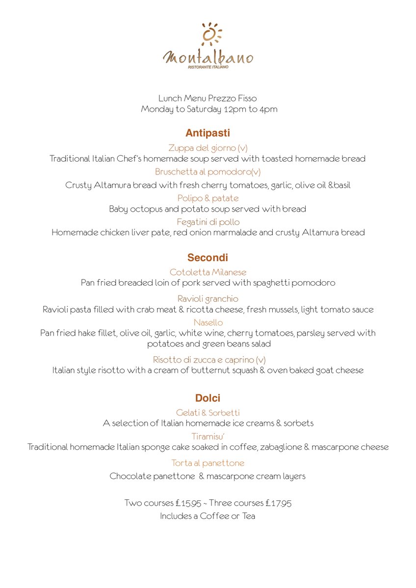 Our new SET LUNCH MENU now available!

What our customers say "Fabulous restaurant. Can’t believe I’ve not been before. Set menu was delicious and very fairly priced. :)"

2-course £15.95 ~ 3-course £17.95 ....Includes Coffee or Tea #Tenterden #Lunch #Italian