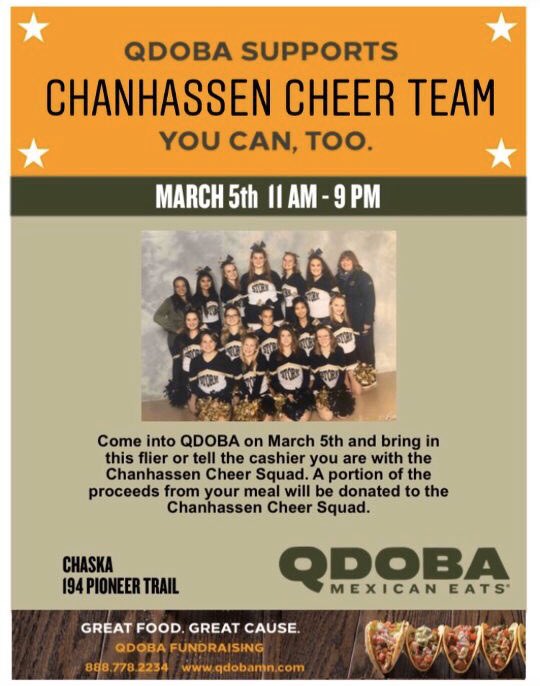 Chancheer1's tweet photo. Come support storm cheer TODAY at the chaska qdoba! 11am-9pm! Come eat lunch or dinner before Speaking Up A Storm! Make sure to show this flyer and say youβre with storm cheer! ππ @chanprincipal @chanstormAD #stormcheer #chancheer https://t.co/rxPZthKSiw