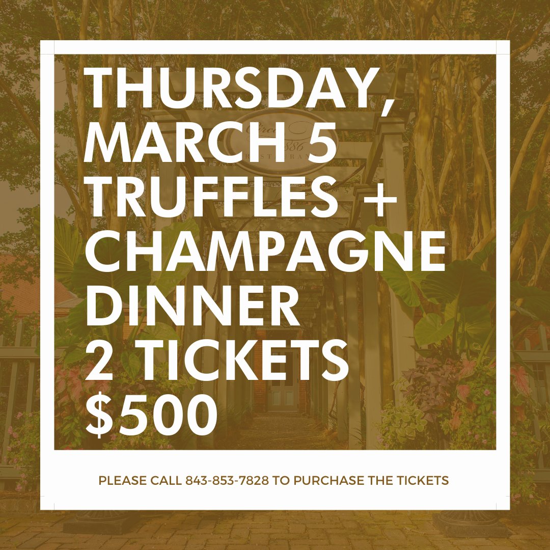We have two tickets available for the Truffle + Champagne Dinner tonight. Chef Marc Collins and Christian Holthausen of Champagne AR Lenoble is will be delighting and surprising guests with a night of luxurious self-indulgence. Call 843-853-7828 to purchase the tickets.
