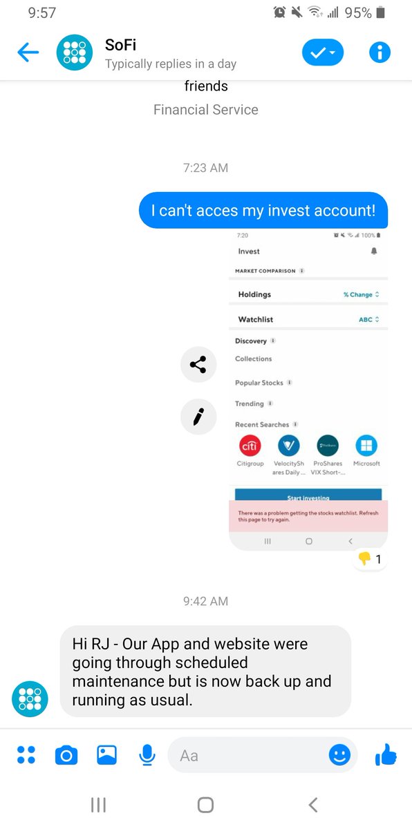TheSuperRJ's tweet photo. @_TylerTheTyler_ I feel like this may be worth passing along. @SoFi investing app goes down in the middle of trading. They claim it's "scheduled maintenance." In the middle of a trading day when dow is down 800 points? https://t.co/Upu4Wuwd70