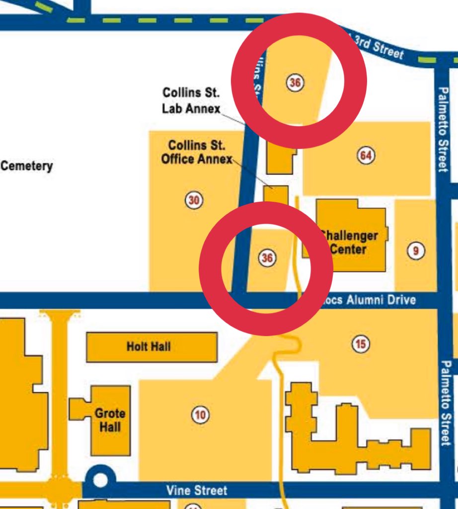 LOT CLOSURE NOTICES:
Lot 65 will be closed off on Friday the 6th (first image circled in ⭕️). Lot 36 will be closed for maintenance on Spring Break Monday the 9th and Tuesday the 10th (second image also circled in ⭕️). Cars left in these lots during these times will be towed.