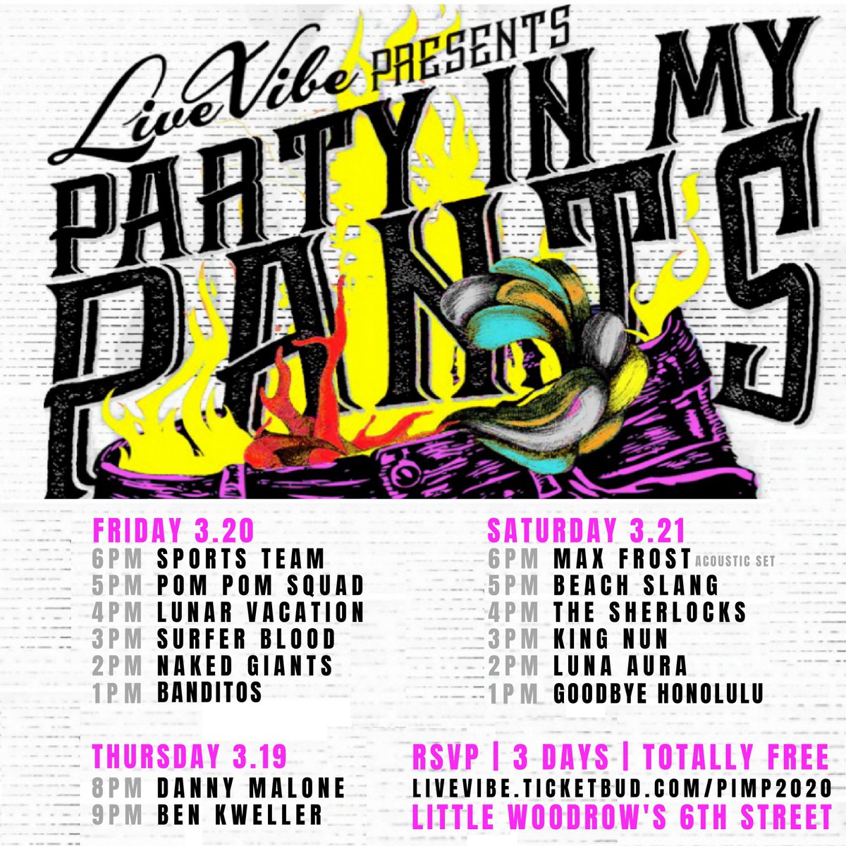 LiveVibeCllctve's tweet photo. Lineup Announce! "Party in my Pants" returns to @littlewoodrows for our 7th year! FREE w RSVP here: https://t.co/sjzTeywMvB #SXSW2020 #sxsw #sxswmusic #austin #ATX #SXSWmusic https://t.co/bLArJZ56QZ