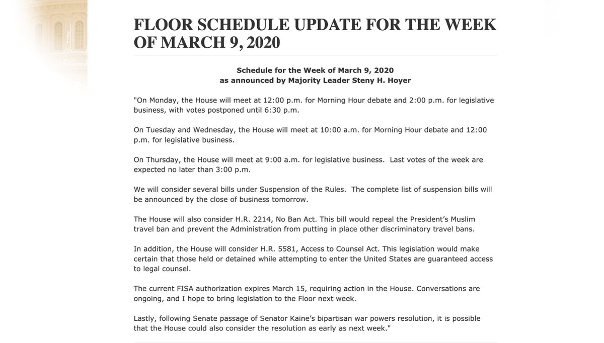 Screenshot of Leader Hoyer's announcement laying out the House floor schedule for next week. The full text can be read at the link in the original tweet.