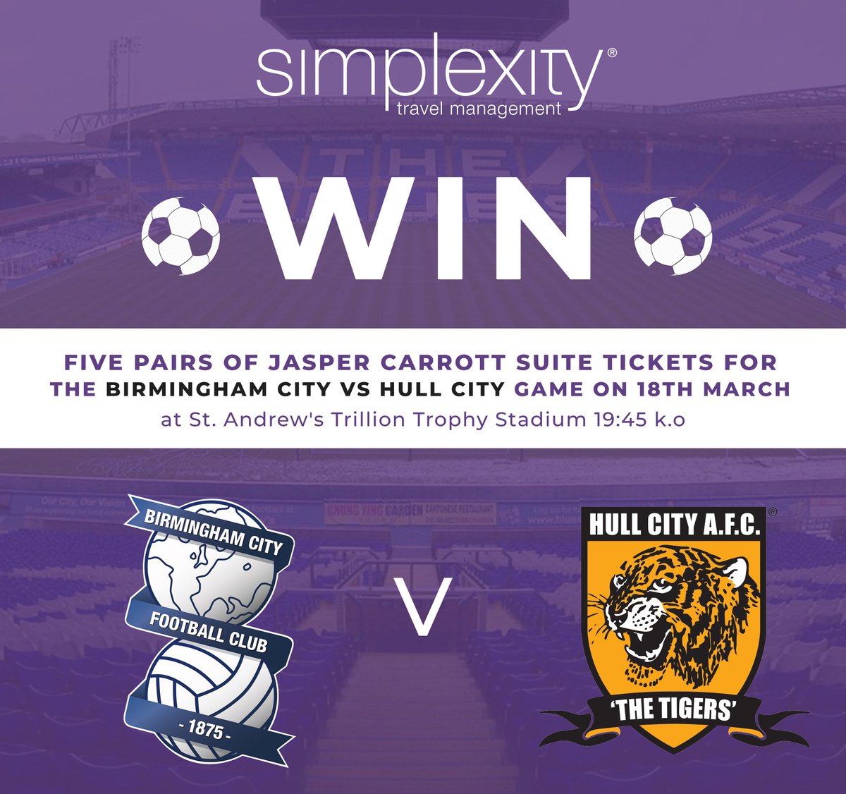 #WIN Five pairs of Jasper Carrott Suite tickets for the Birmingham City - Hull City match on 18th March.

To enter;
⚽️ RETWEET THIS TWEET
⚽️ FOLLOW OUR PAGE 

Winner selected at random &amp; announced 15th March. 
 
@bcfc #BCFC #KeepRightOn #KRO #Football #Giveaway