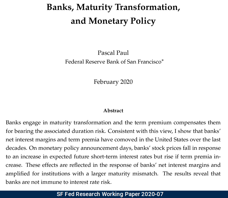 sffed's tweet photo. New #WorkingPaper from SF Fed Research: Banks, Maturity Transformation, and Monetary Policy by Pascal Paul https://t.co/zXQqXzc78J #SFFedResearch #EconTwitter #Banks #MaturityTransformation #MonetaryPolicy #TermPremium #InterestRateRisk #BankProfitability https://t.co/CqxNGzbI27