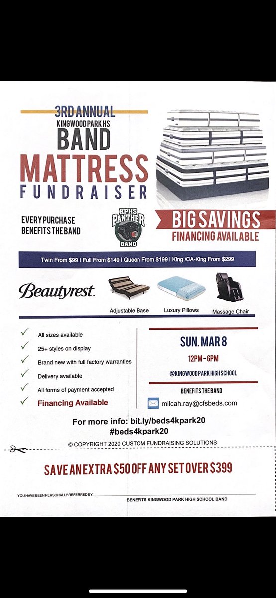 Looking for a new mattress? Come out to KP this sunday from noon-6! Every purchase benefits the band!