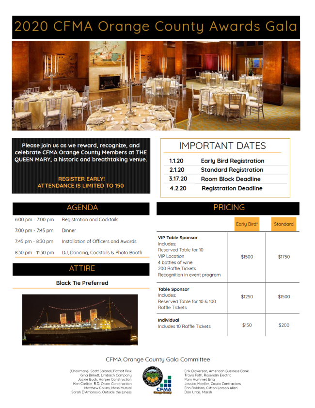 CFMAOrangeCo's tweet photo. Bring your team to the CFMA OC Installation Dinner and Awards Gala on the Queen Mary! https://t.co/zouuLLRBMC https://t.co/JnB6NiX02q