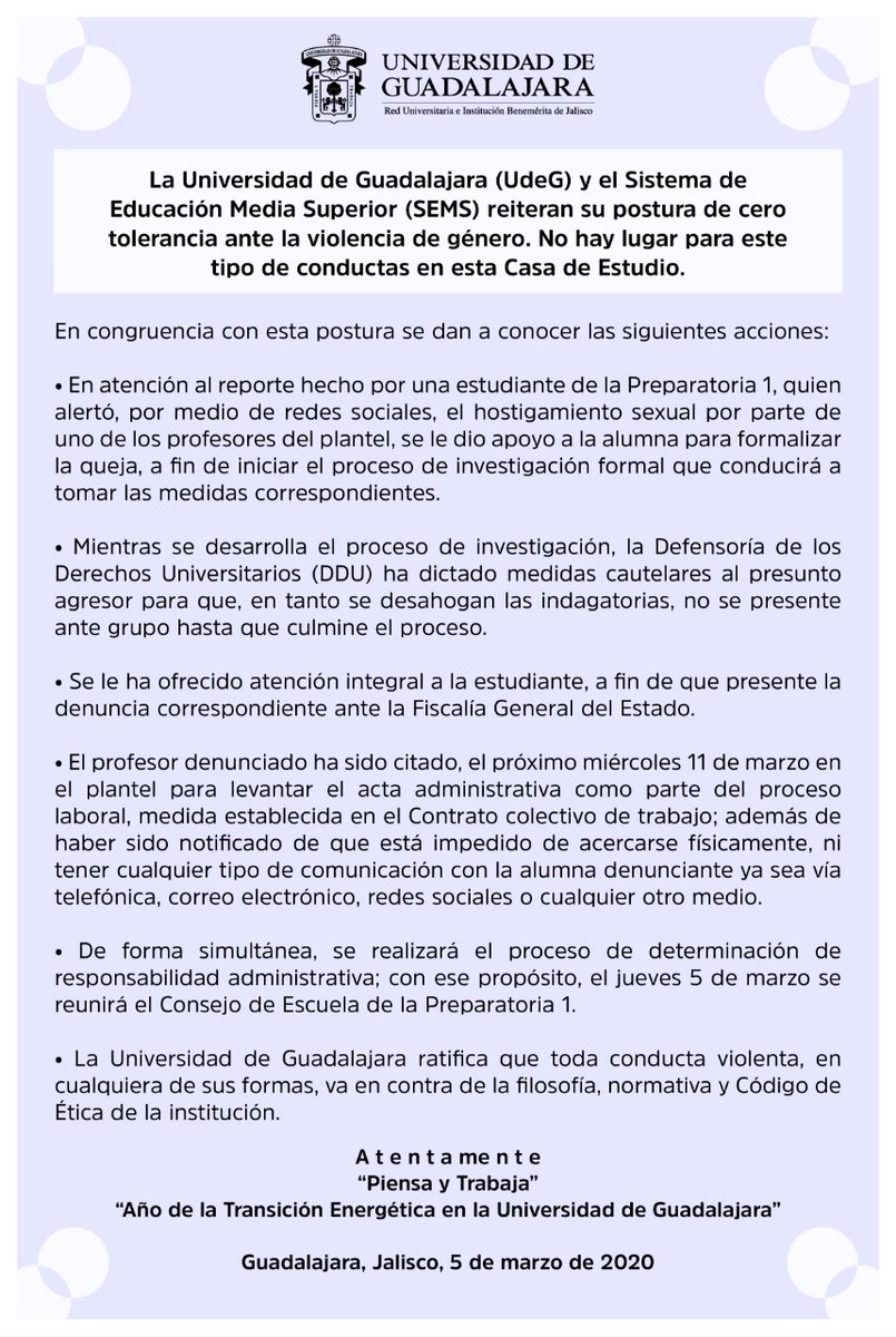 udg_oficial's tweet image. Comunicado sobre los hechos sucedidos en la Preparatoria 1. Reiteramos nuestra postura de cero tolerancia ante cualquier tipo de violencia.