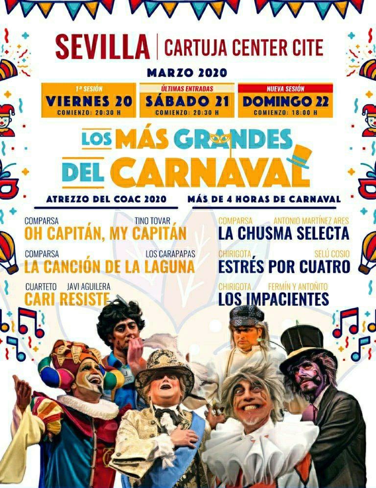 CityExpert_'s tweet photo. 📢 ¿Estás por #Sevilla y te quedaste con ganas de #Carnaval? 🎭 ¡Tenemos el plan perfecto para ti! 🥳
👇🏼👇🏼
Los más grandes del Carnaval
📆 20, 21 y 22 de marzo
📍 #CartujaCenterSite @CartujaCenter

¡Compra tus entradas en nuestras oficinas #CityExpert! 

#SevillaHoy #Carnavales https://t.co/j5VnpSmOEh