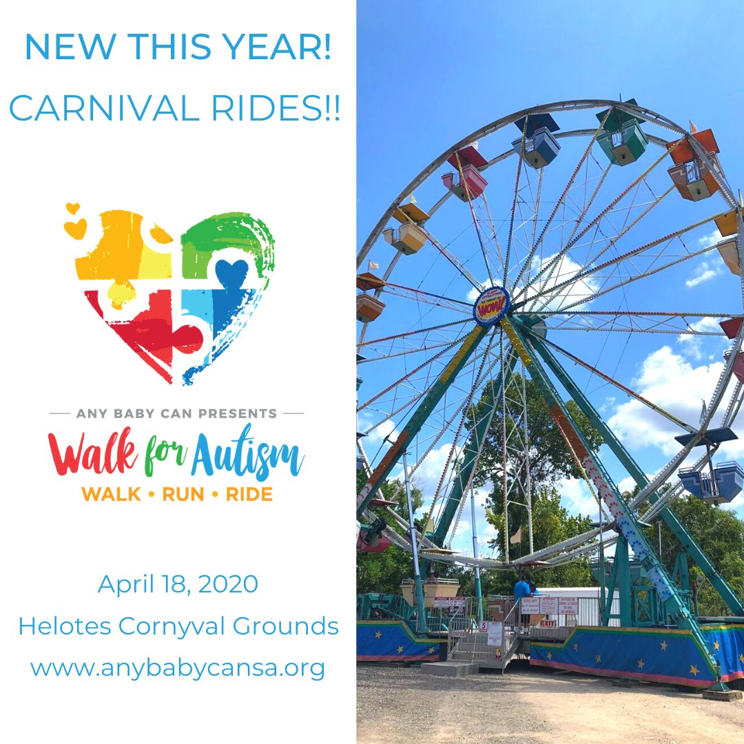 AnyBabyCanSA's tweet photo. Did you hear?! Any Baby Can's 16th Annual #WalkforAutism will have carnival rides! Thank you to Alamo Attractions Inc. for providing this awesome added feature to our event! Register for the Walk here - https://t.co/FI7Vy673Jv 
#thisisautism #walkrunride https://t.co/IQRUtuzMJQ