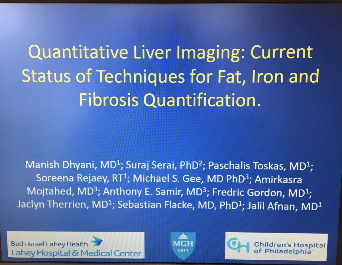 LaheyRadiology's tweet photo. Interested in liver imaging? As a renowned liver transplant center, Lahey certainly is! Learn about quantifying hepatic steatosis, fibrosis, and iron deposition from this SAR exhibit (#62) from our #RadRes Drs. @M_Dhyani and Paschalis Toskas. #LaheySAR #LaheyRad #SAR20 #SAR_RFS https://t.co/g65D8NI1tC