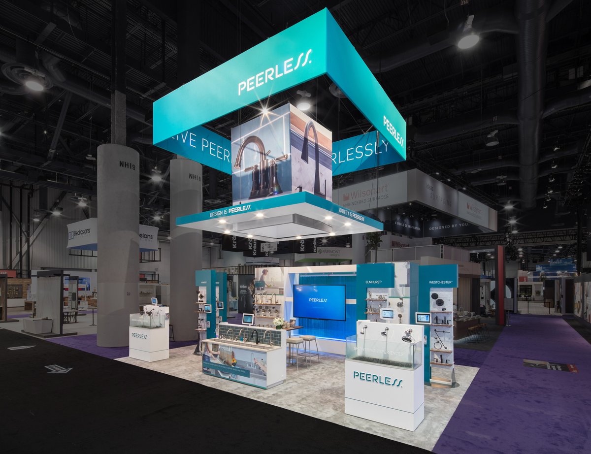 centpoint's tweet image. The 20x30 Peerless exhibit created by @centerpoint
 stood out at #KBIS20. It drew attendees in with the eye-catching hanging sign and bright environment, while also showcasing the Peerless brand and offering multiple engagement points. 

#brandexperiences #centerpointmarketing