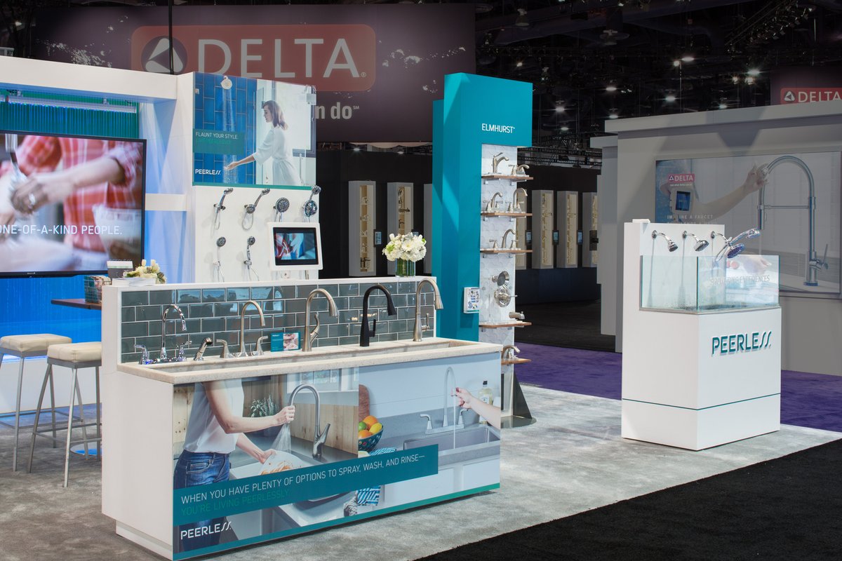 centpoint's tweet image. The 20x30 Peerless exhibit created by @centerpoint
 stood out at #KBIS20. It drew attendees in with the eye-catching hanging sign and bright environment, while also showcasing the Peerless brand and offering multiple engagement points. 

#brandexperiences #centerpointmarketing