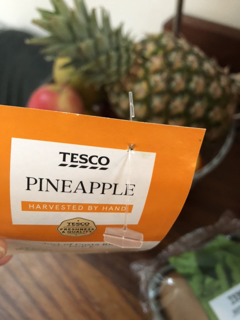 HannahPollyOD's tweet photo. @theJeremyVine I don’t know what they’re called but this one was attached to a pineapple!  These terrible tiny bits of plastic should be banned immediately @Tesco @HughFW https://t.co/jlZdhQcnA3