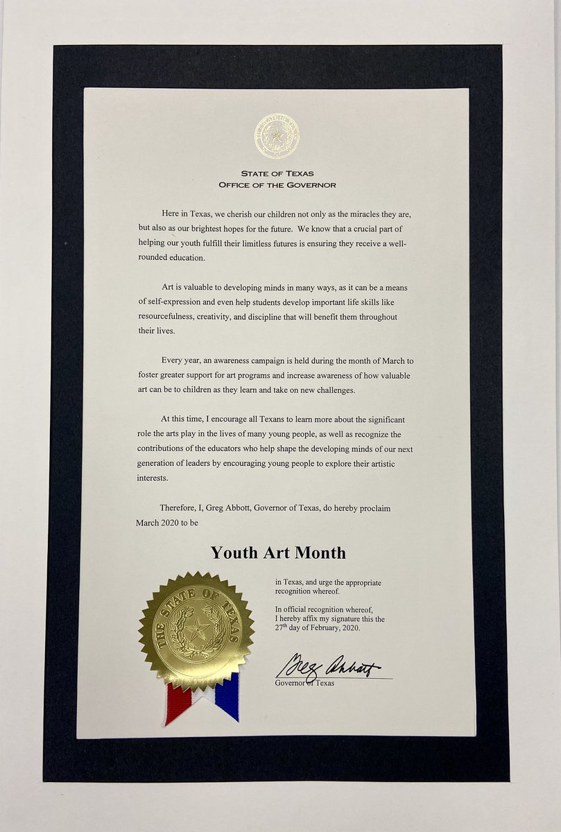 Many thanks to governor Greg Abbott for proclaiming March as Youth Art Month in the state of Texas! #BigArtDay20 #txYAM20 ⁦@Youthartmonth⁩ ⁦@TXarted⁩