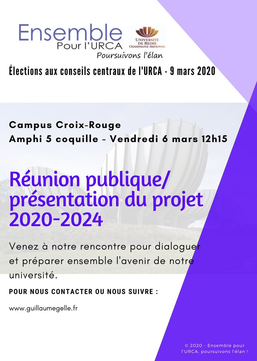 Demain vendredi 6 mars, venez nombreux échanger sur le projet 2020-2024 #EnsemblePourUrca avec <a href="/GuillaumeGelle/">Guillaume GELLE</a> #URCA